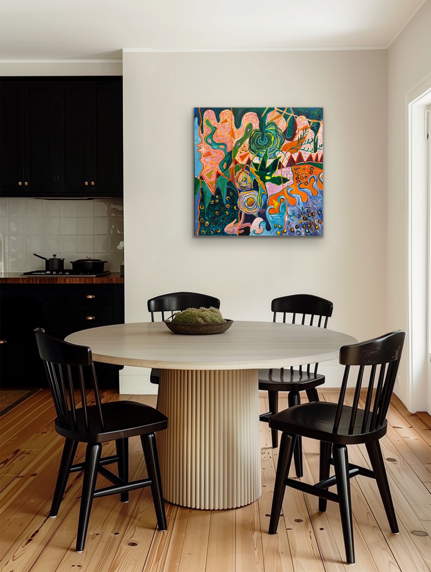 Detail view of a Joy Mackey painting in a room